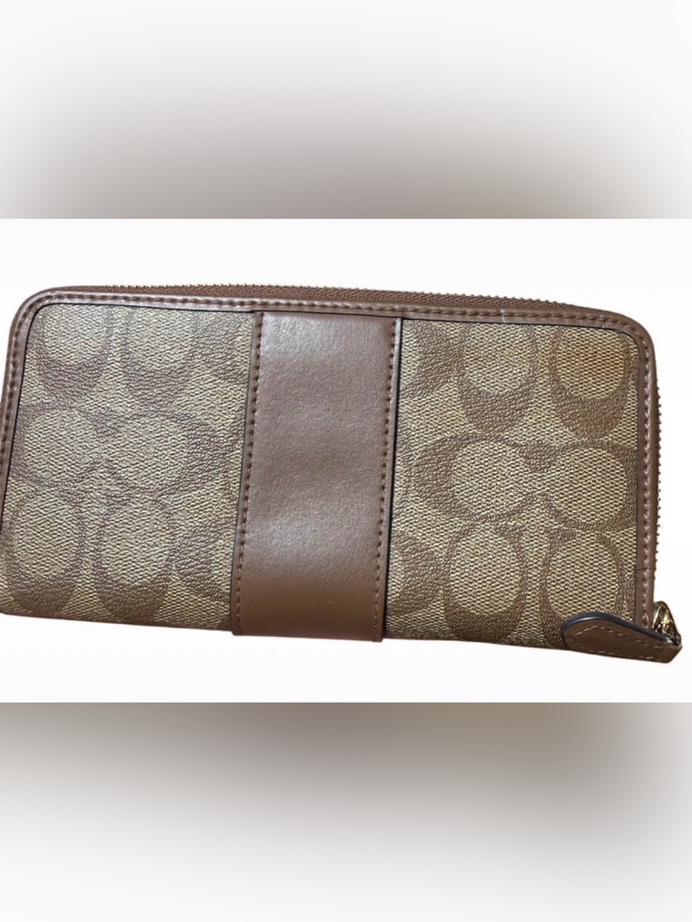 Coach Signature C Brown Zip Around Accordion Wallet Leather Trim Authentic - Picture 2 of 5